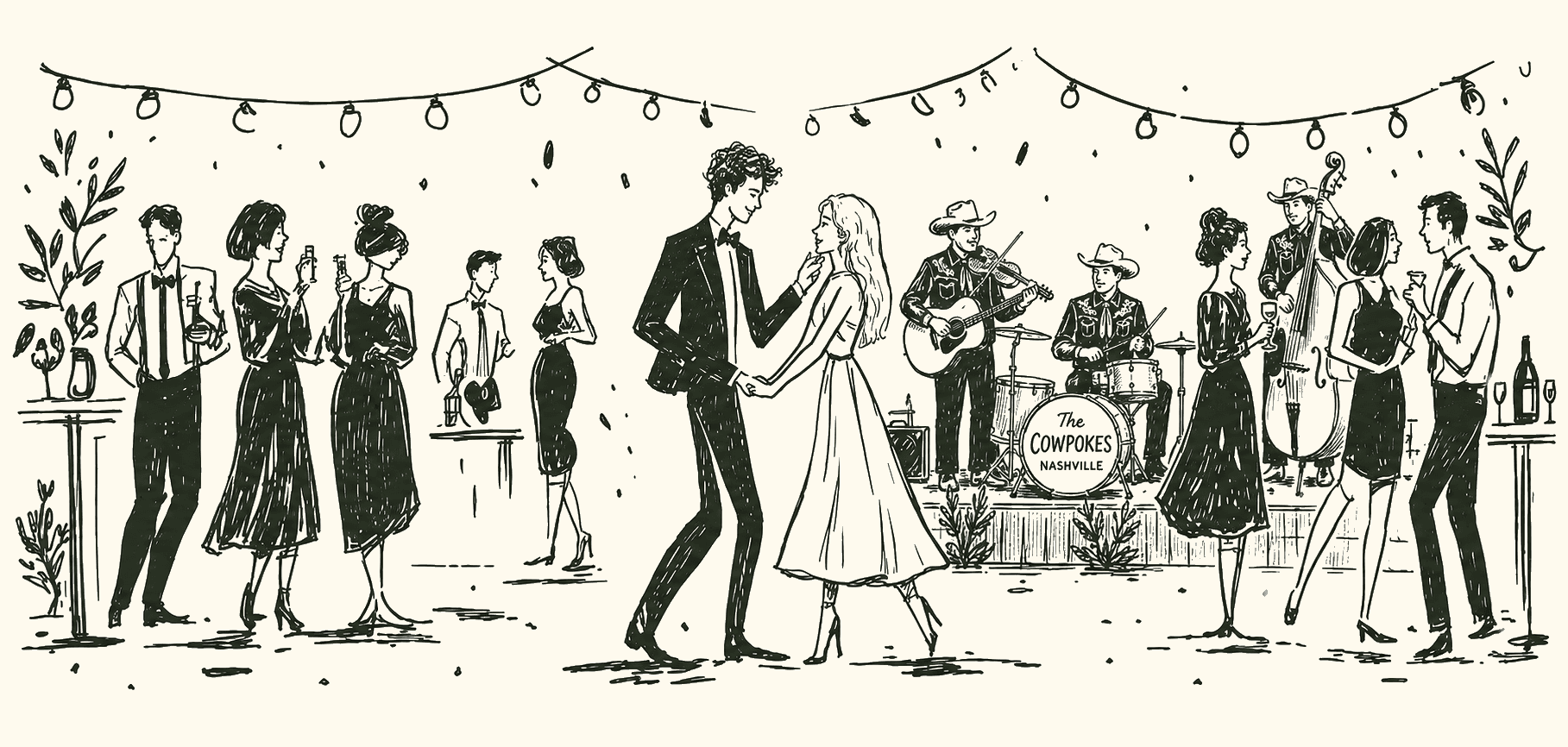Illustration of Andrew and Kayla dancing at their wedding celebration