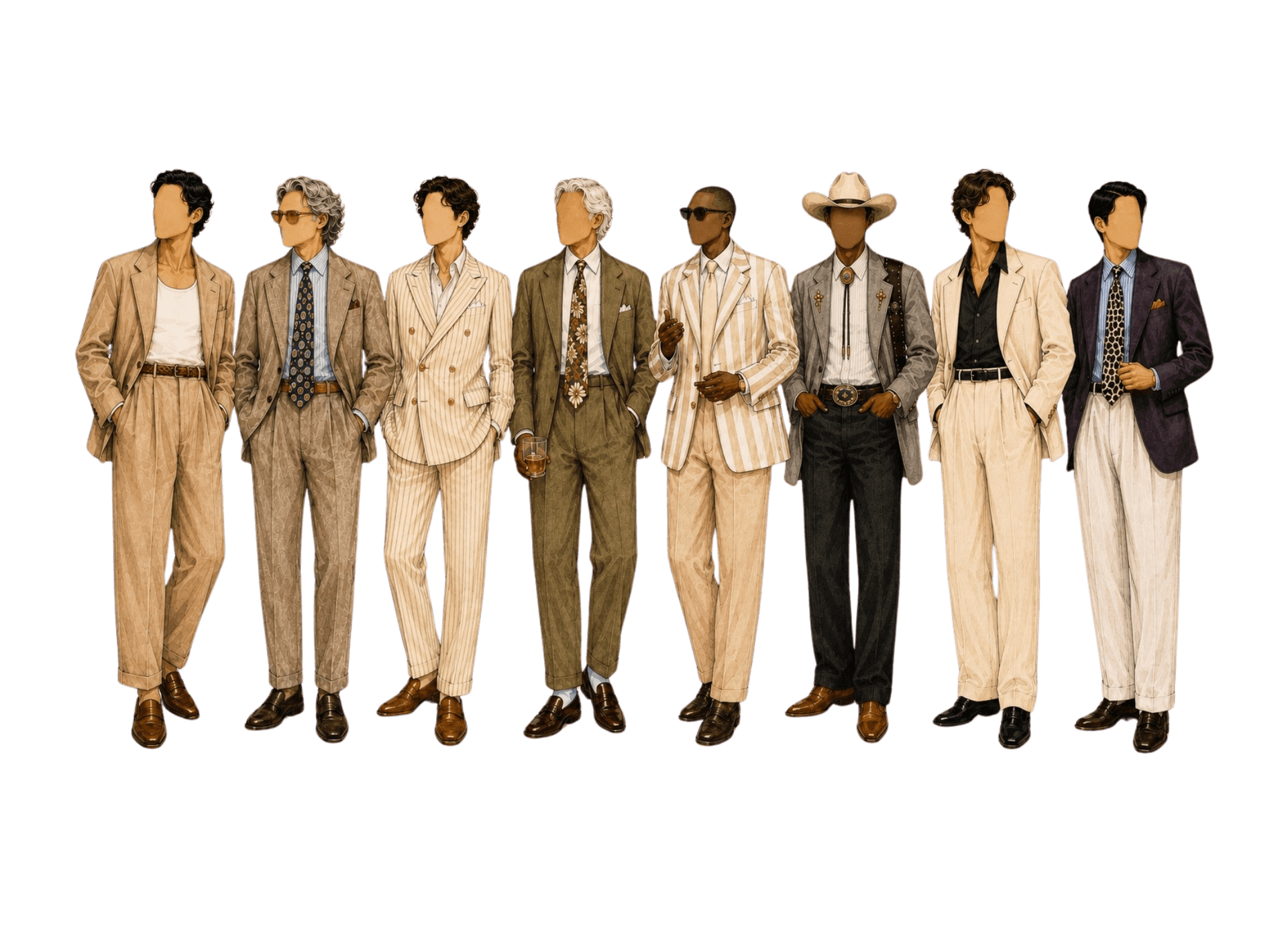 Illustrated men in garden formal attire