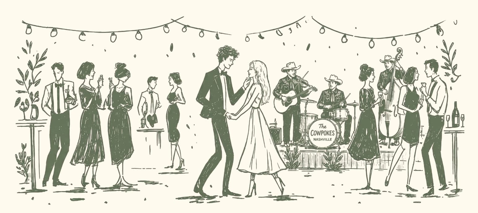 Illustration of Andrew and Kayla dancing at their wedding celebration