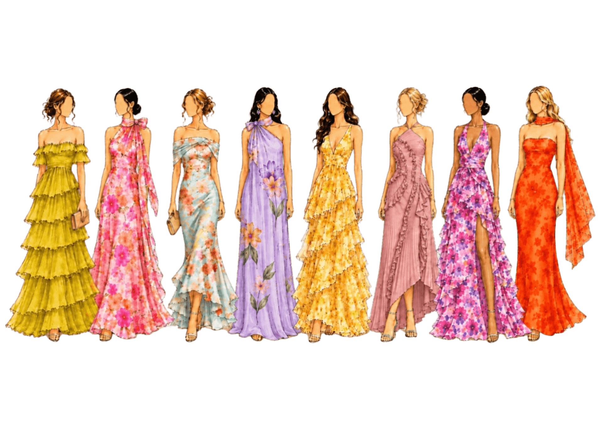 Illustrated women in garden formal attire